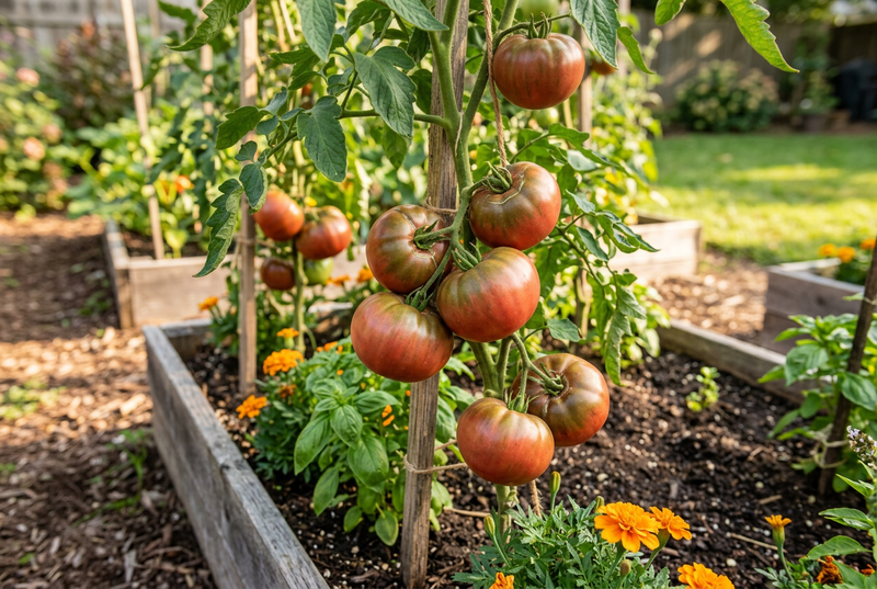 Black Krim tomatoes with rounded irregular shapes, reddish-brown skin and olive shoulders on a garden vine