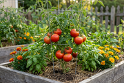 Supported Campbell 33 tomato bush bearing smooth red fruit in a raised garden bed