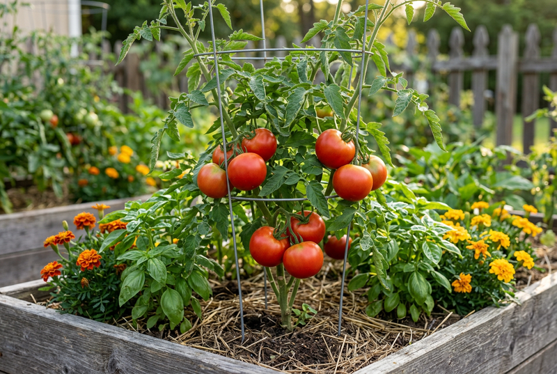 Supported Campbell 33 tomato bush bearing smooth red fruit in a raised garden bed