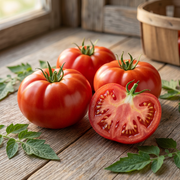 Red Boxcar Willie tomatoes with gently ribbed shoulders and a cut half showing juicy red flesh