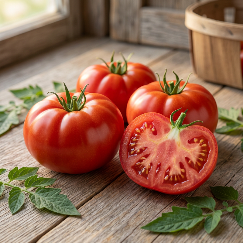 Red Boxcar Willie tomatoes with gently ribbed shoulders and a cut half showing juicy red flesh