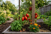 Supported Amish Paste tomato vine with red plum-to-oxheart fruits in a raised bed