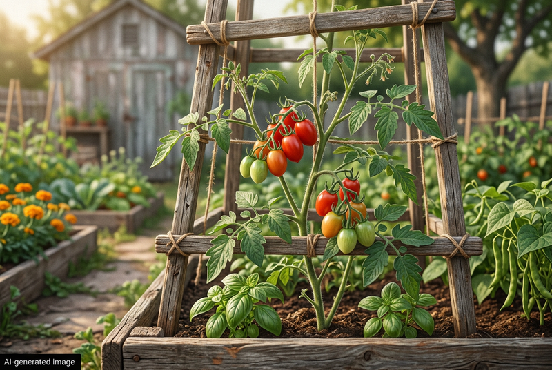 AI-generated illustration of small red plum-shaped Cherry Roma-type tomatoes on supported vines in a raised bed, with a discreet AI-generated image label