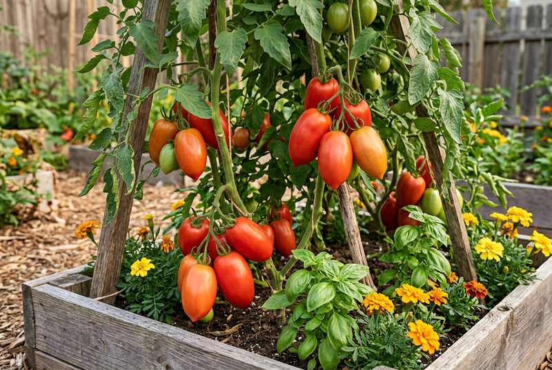 Supported Amish Paste plants bearing broad elongated red tomatoes in a rustic raised bed