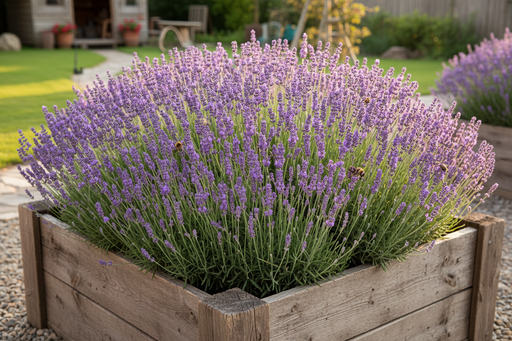 Vera lavender plants growing in a wooden raised garden bed, dense bushy mounds with tall violet-purple flower spikes in full bloom, bees visiting, warm natural daylight