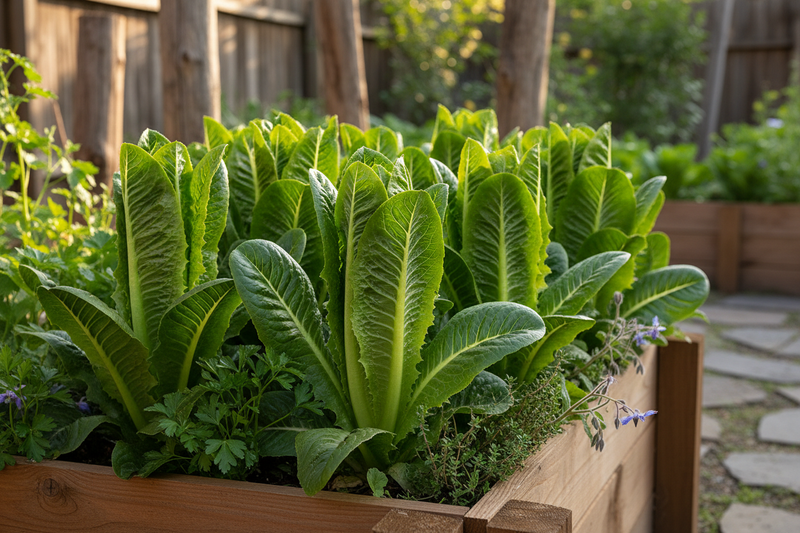 Parris Island Cos romaine lettuce growing in a raised garden bed