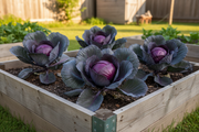 Red Acre red cabbage growing in a wooden raised garden bed — medium-sized round maroon heads approximately 7 inches in diameter with broad dark outer leaves