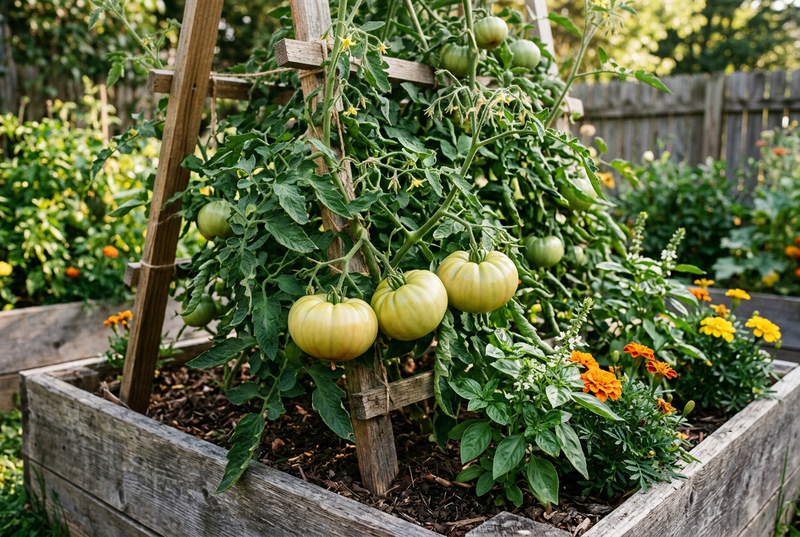 Supported Aunt Ruby’s German Green tomato vine with large yellow-green beefsteaks in a raised bed