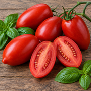 Italian Roma tomatoes close-up showing ripe oblong plum-shaped deep red fruits whole and one sliced lengthwise revealing thick meaty flesh with small seed cavity, with fresh basil on rustic wood