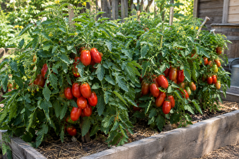 Italian Roma tomato plants growing in a raised garden bed, compact determinate bushes loaded with clusters of ripe oblong plum-shaped deep red fruits ready for harvest