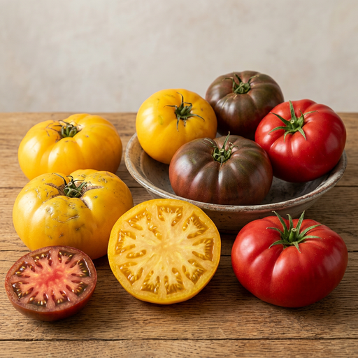 Golden yellow dusky mahogany and red Brandywine tomatoes with a cut yellow fruit