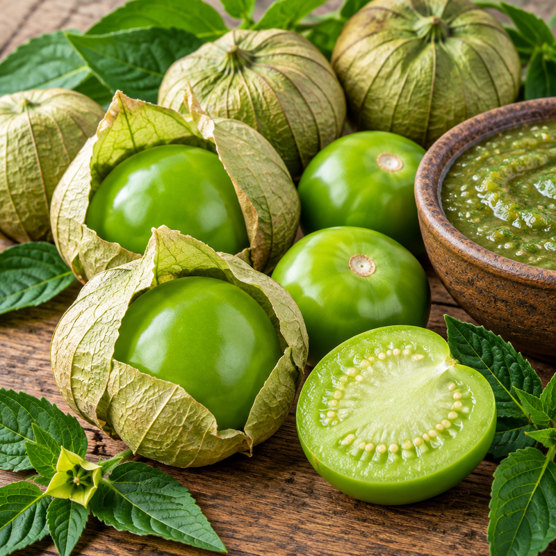 Toma Verde tomatillo fruits close-up with papery husks peeled back revealing glossy green skin, one sliced open showing bright green flesh, arranged with salsa verde on rustic wood surface