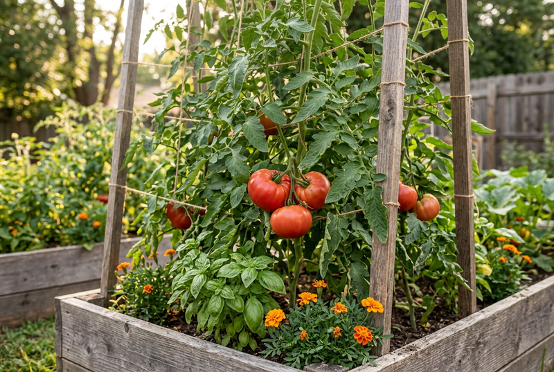 Supported Boxcar Willie vines bearing red slightly flattened tomatoes in a raised garden bed
