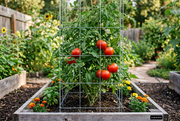 AI-generated garden illustration based on TLM Fireworks specifications: supported tomato vines bearing red globe tomatoes in a wooden raised bed.