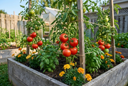Supported Bonny Best tomato vines bearing medium red globe tomatoes in a raised bed