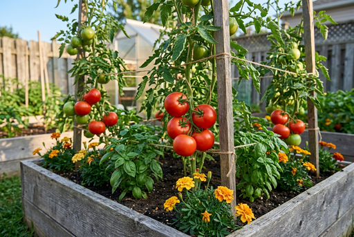 Supported Bonny Best tomato vines bearing medium red globe tomatoes in a raised bed
