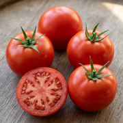 Whole smooth red Bonny Best tomatoes beside a cut half showing juicy flesh and seed chambers