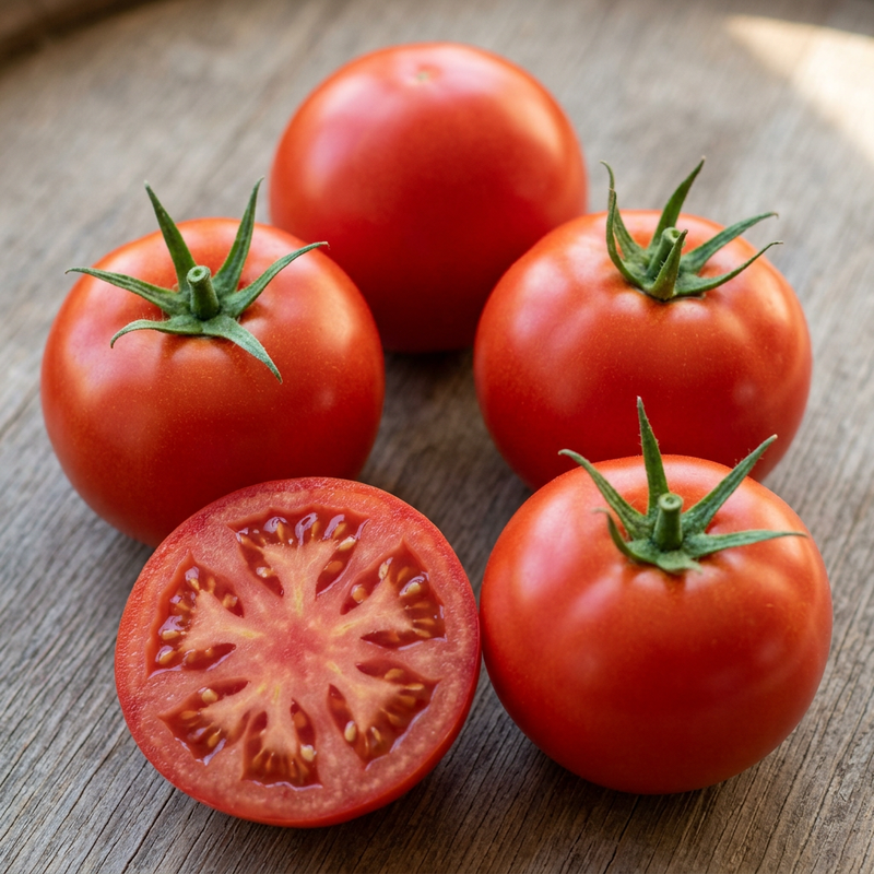Whole smooth red Bonny Best tomatoes beside a cut half showing juicy flesh and seed chambers