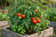 AI-generated garden illustration guided by the supplied Dakota Sport reference, showing glossy red medium slicing tomatoes on supported vines in a raised bed with a discreet AI label