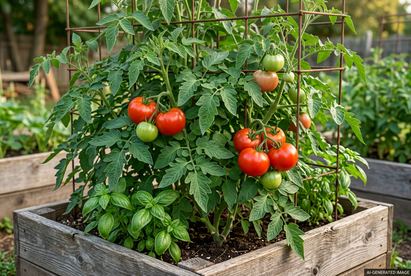 AI-generated garden illustration guided by the supplied Dakota Sport reference, showing glossy red medium slicing tomatoes on supported vines in a raised bed with a discreet AI label