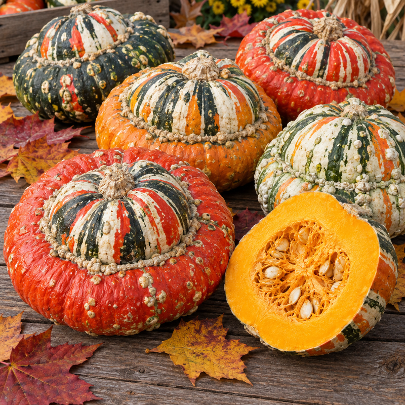 Turk's Turban squash harvest display showing whole flattened turban-shaped gourds with scarlet, green, orange, cream and white striping and one cut open showing bright orange flesh