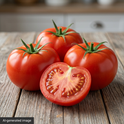 AI-generated illustration of red globe-shaped tomatoes and a cut half, visibly labeled AI-generated image