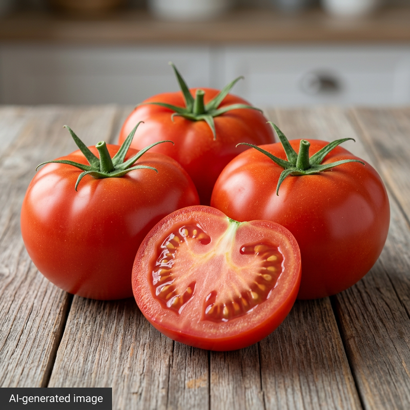 AI-generated illustration of red globe-shaped tomatoes and a cut half, visibly labeled AI-generated image