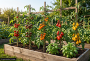 AI-generated illustration of separate cherry tomato plants with red, dark, orange, red pear and yellow pear fruit in a raised bed; actual varieties may vary with substitutions