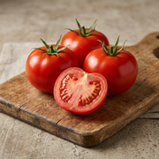 Whole deep red Burbank tomatoes and a cut half on a wooden cutting board
