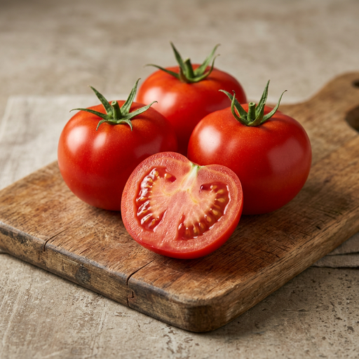 Whole deep red Burbank tomatoes and a cut half on a wooden cutting board