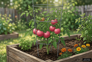 AI-generated illustration based on published Early Wonder traits: compact supported tomato plant with medium pink fruit in a wooden raised bed.