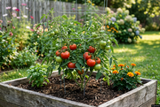 AI-generated garden illustration based on published New Yorker specifications: compact supported tomato plant with medium red fruit in a wooden raised bed.