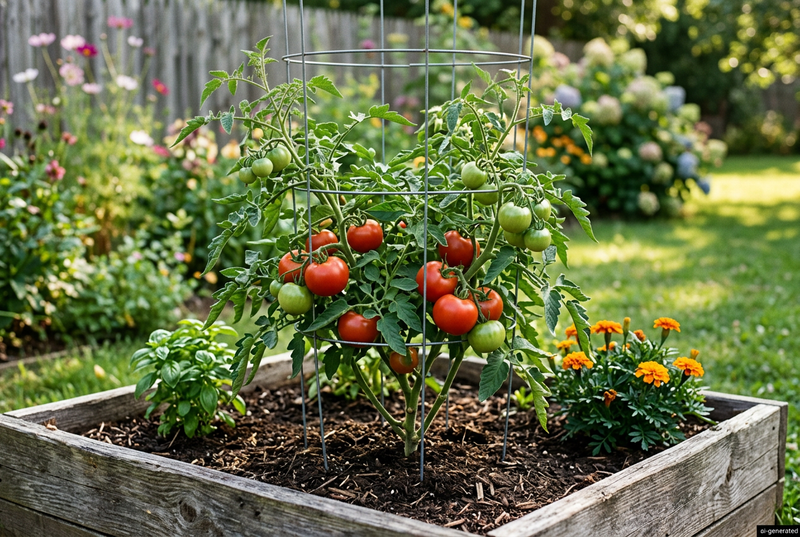 AI-generated garden illustration based on published New Yorker specifications: compact supported tomato plant with medium red fruit in a wooden raised bed.