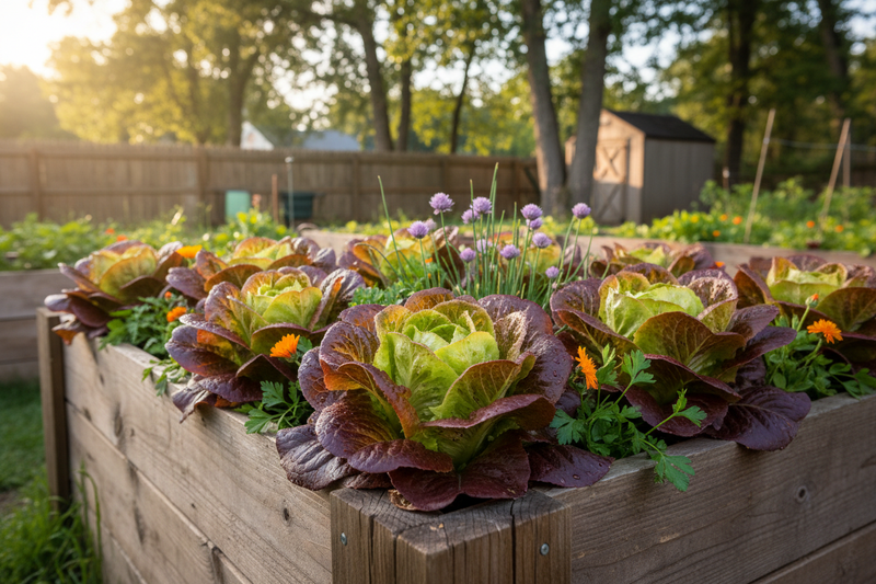Marvel of Four Seasons French heirloom lettuce growing in a raised garden bed