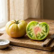 Whole and cut Aunt Ruby’s German Green tomatoes showing green flesh and subtle pink marbling