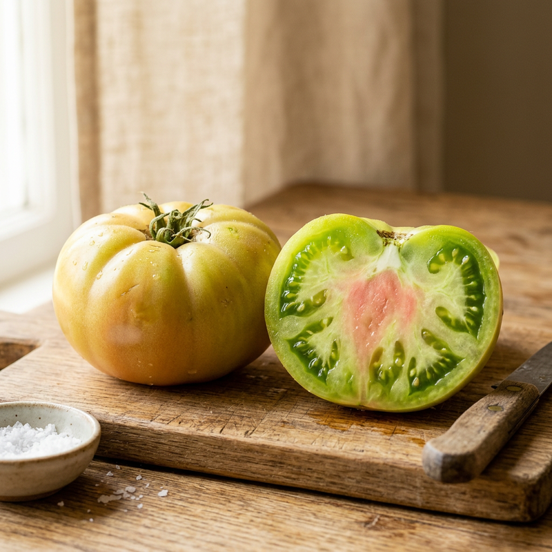 Whole and cut Aunt Ruby’s German Green tomatoes showing green flesh and subtle pink marbling