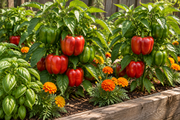 Autumn Bell sweet bell pepper plants with green and red fruit in a raised garden bed