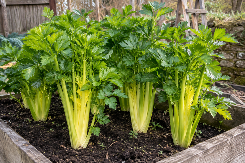 Golden Self-Blanching celery plants growing in a raised garden bed, tall upright stalks with pale golden-yellow self-blanched inner stalks and medium green outer leaves, cool season garden