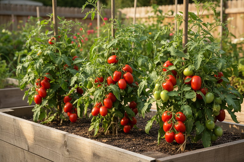 Bellstar paste tomato plants growing in a wooden raised garden bed, compact bushy plants with clusters of smooth round-oblong bright red paste tomatoes, warm natural daylight
