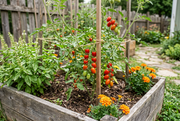 Supported Baby Roma tomato vine with small elongated red fruit in a raised bed