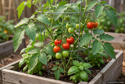 AI-generated illustration of supported Early Stupice potato-leaf tomato plants with small red fruit in a wooden raised garden bed.