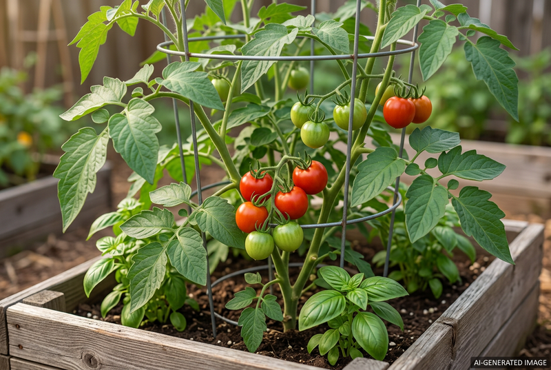 AI-generated illustration of supported Early Stupice potato-leaf tomato plants with small red fruit in a wooden raised garden bed.