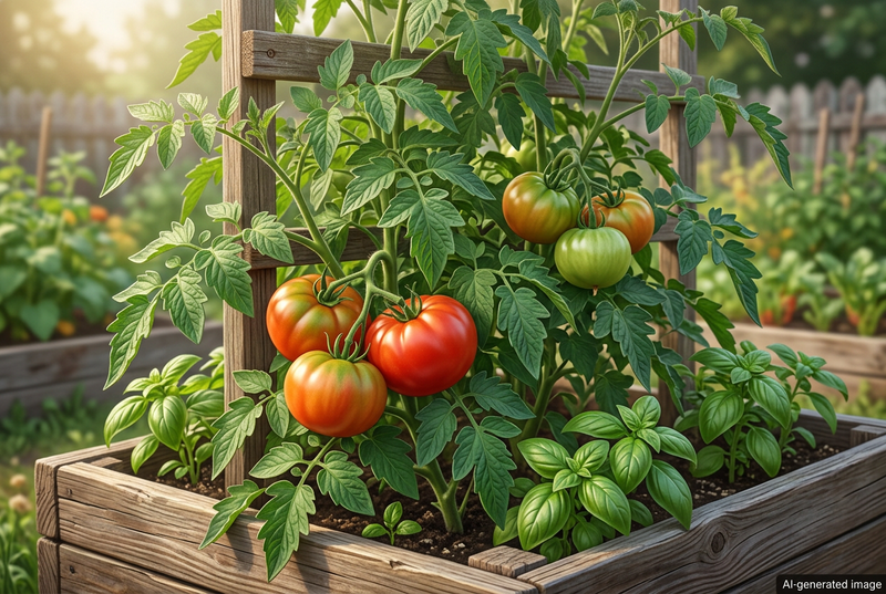 AI-generated garden illustration guided by the supplied Cosmonaut Volkov reference, showing slightly flattened red slicing tomatoes on supported vines in a raised bed with a discreet AI label