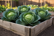 Danish Ballhead cabbage growing in a wooden raised garden bed — large round blue-green heads approximately 8 inches in diameter, firm and dense at harvest