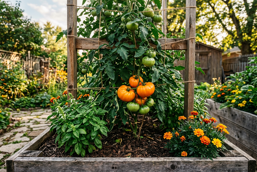 Trellised Altai Orange tomato vine with large orange fruits growing in a raised bed