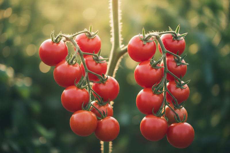 Large Red Cherry Tomato — Close-up Clusters on Vine