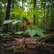Mature Panax Ginseng Plant with Red Berries in Woodland Garden
