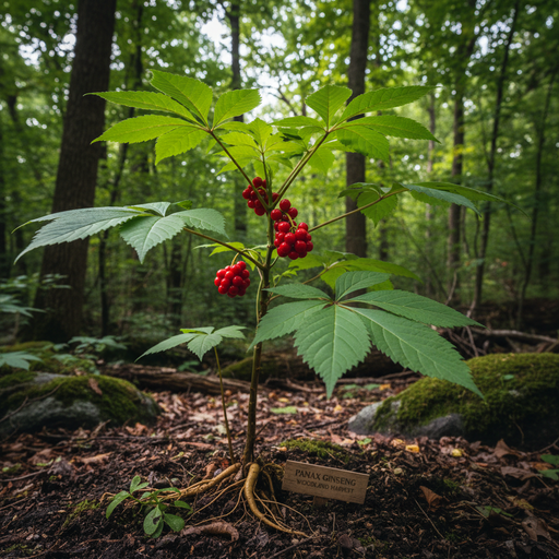 Mature Panax Ginseng Plant with Red Berries in Woodland Garden