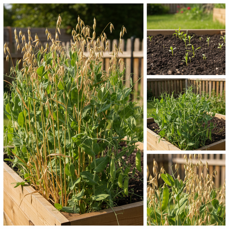 Oat and Pea Cover Crop Raised Bed Collage