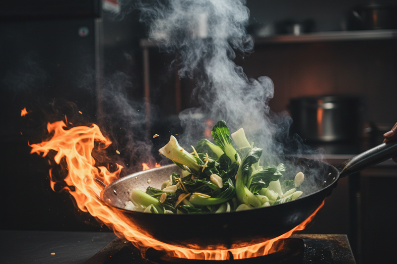 Pak Choi Stir-Fried in Carbon Steel Wok with Garlic and Ginger